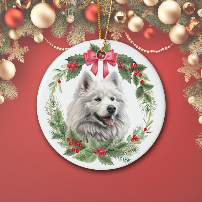 Adorno De Cerámica Eskimo Dog Red Bow Holly Wreath (Subido por el creador)
