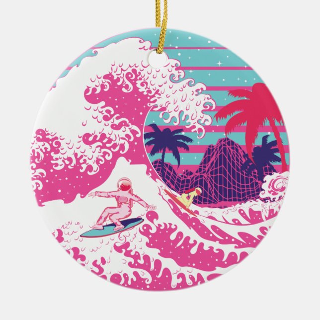 Adorno De Cerámica Espaceman navegando en la gran ola rosa (Frente)