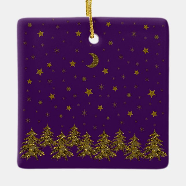 Adorno De Cerámica Espantoso árbol de Navidad dorado, luna, estrellas (Anverso)