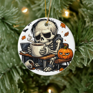 Adorno De Cerámica Esqueleto bebe cerveza de otoño