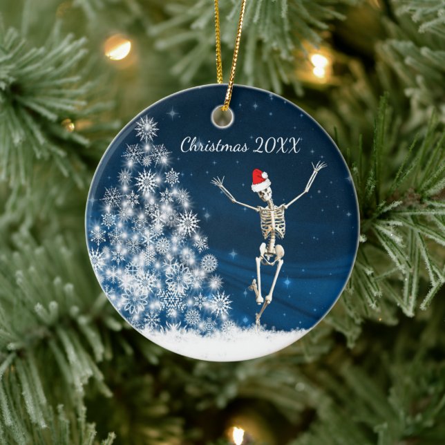 Adorno De Cerámica Esqueleto Santa Azul y Blanco "Navidades 20xx" (Árbol)
