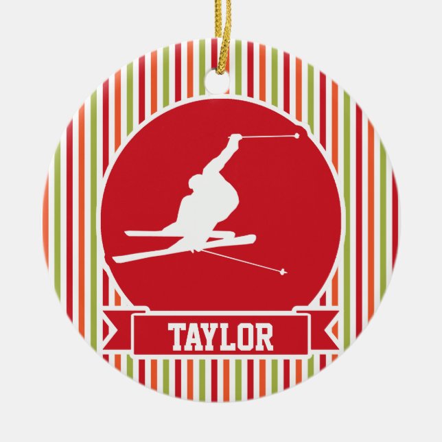 Adorno De Cerámica Esquí de nieve, esquí, rojo, Naranja, franjas verd (Frente)