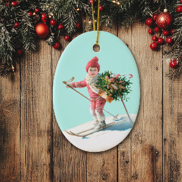 Adorno De Cerámica Esquí de niños entregando Navidades Bouquet