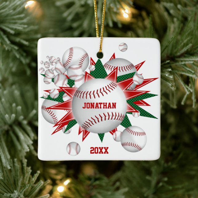 Adorno De Cerámica estallido de softball de béisbol verde rojo de dep (Árbol)