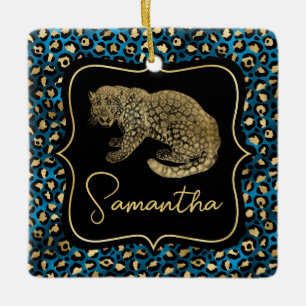 Adorno De Cerámica Estampado de leopardo dorado y leopardo azul