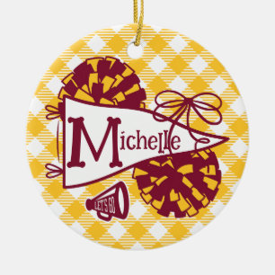 Adorno De Cerámica Estandarte de Gingham Personalizado Burgundy Gold