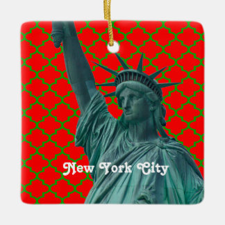 Adorno De Cerámica Estatua de la Libertad Red Grn Quatrefoil Xmas