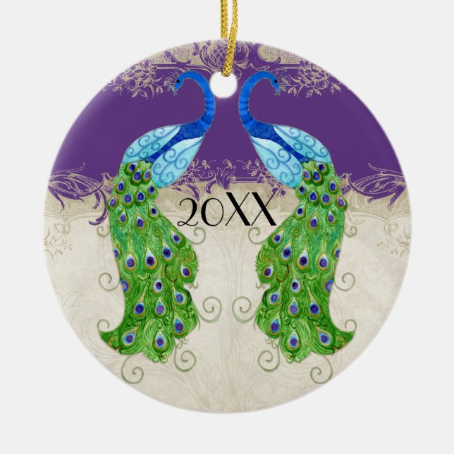 Adorno De Cerámica Estilo Art Decó Pavo de pavo real púrpura y encaje (Frente)