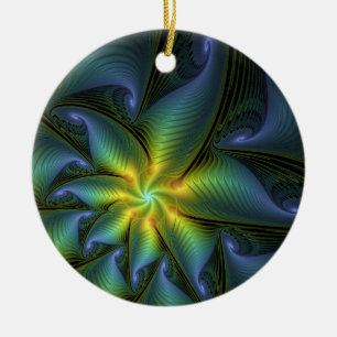 Adorno De Cerámica Estrella abstracta, arte fractal dorado verde azul