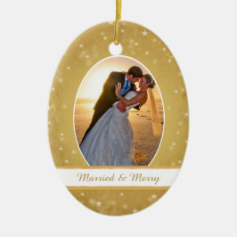 Adorno De Cerámica Estrella de Bokeh de oro Primer Boda de Navidad