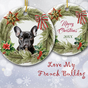 Adorno De Cerámica Estrella de Bulldog negro francesa Bow Wreath