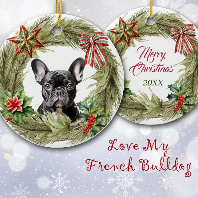 Adorno De Cerámica Estrella de Bulldog negro francesa Bow Wreath (Subido por el creador)