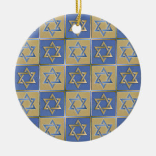 Adorno De Cerámica Estrella de David Judaica Metal Dorado Azul