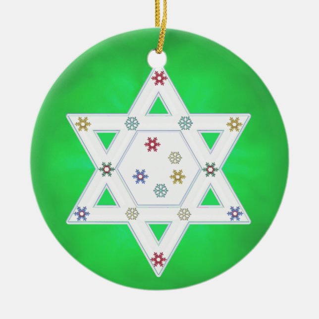 Adorno De Cerámica Estrella de Hanukkah y verde copos de nieve (Frente)