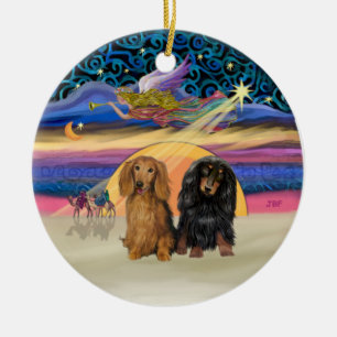 Adorno De Cerámica Estrella de Navidad - Dos Dachshunds de pelo largo