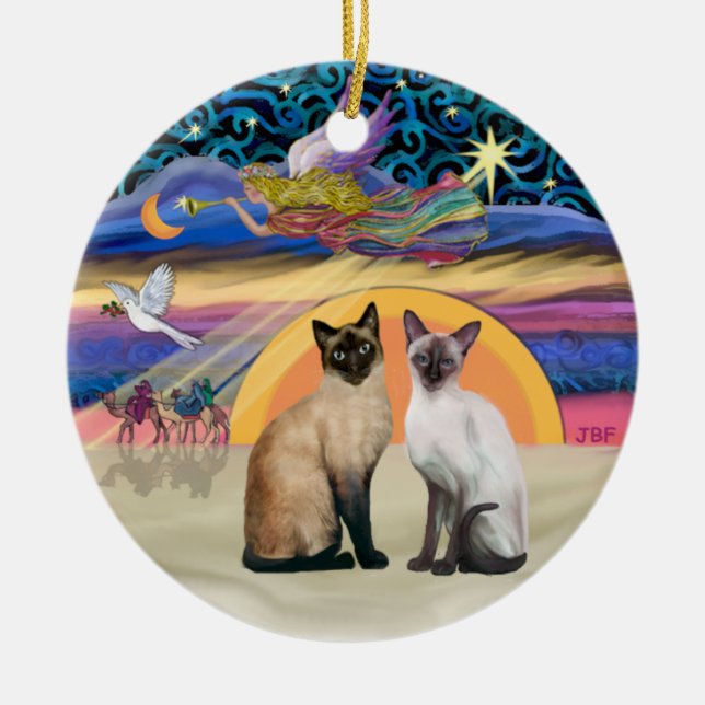 Adorno De Cerámica Estrella de Navidad - Dos gatos siameses (Frente)