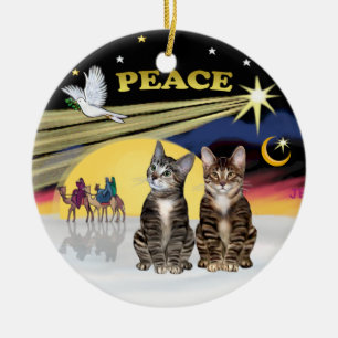 Adorno De Cerámica Estrella de Navidad -Dos gatos tabby (AmSH)