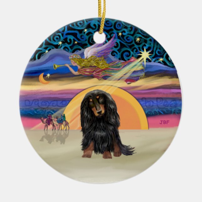 Adorno De Cerámica Estrella de Navidad - Largo Haired Dachshund (BT) (Frente)