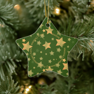 Adorno De Cerámica Estrella dorada verde elegante Minimalista Christm