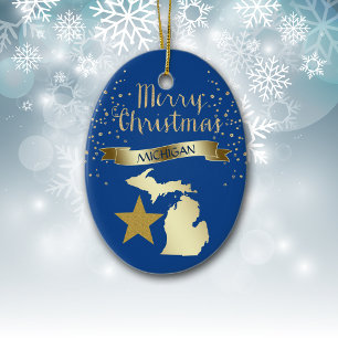 Adorno De Cerámica Estrella Michigan de Oro Azul