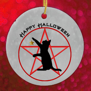 Adorno De Cerámica Estrella negra de gato feliz Halloween Pentagram G