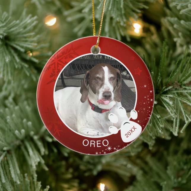 Adorno De Cerámica Estrellas de Copo de Nieve Rojo Huella de Perro Fo (Árbol)
