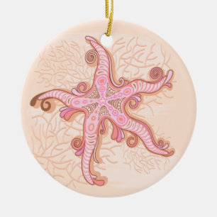 Adorno De Cerámica Estrellas de mar y coral patrón pastel rosa