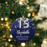 Adorno De Cerámica Estrellas de plata azul marino Quinceanera<br><div class="desc">Un color de fondo azul marino con estrellas falsas de plata. El color azul es desigual. Añadir tu s,  texto/fecha</div>