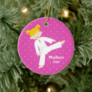 Adorno De Cerámica Estrellas rosadas Taekwondo Chica rubio personaliz