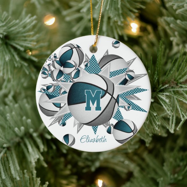 Adorno De Cerámica Estrellas verde azuladas de baloncesto gris chicas (Árbol)