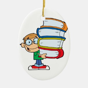 Adorno De Cerámica estudiante chico lindo con muchos libros