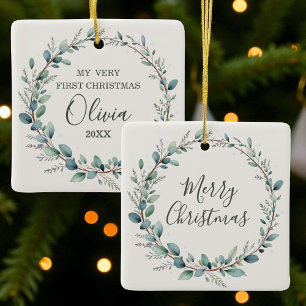Adorno De Cerámica Eucalyptus Baby First Merry Christmas