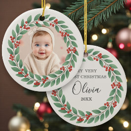 Adorno De Cerámica Eucalyptus Greenery Baby First Christmas Photo