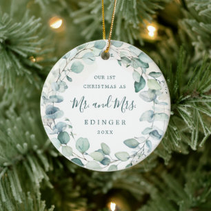Adorno De Cerámica Eucalyptus Greenery Mr. and Mrs. Photo Newlywed