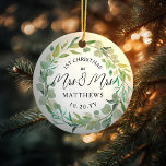 Adorno De Cerámica Eucalyptus Newlyweds Primera Navidad Sra. y Sra.<br><div class="desc">Por la señora y la señora Lesbian Newlyweds. Personalizar el texto y el color de fondo del evento. Se puede escalar o eliminar la correa de la acuarela de eucalipto. Foto de atrás.</div>