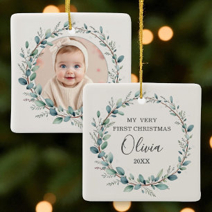 Adorno De Cerámica Eucalyptus Photo Baby Primer Navidad Minimalista