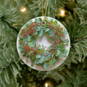 Adorno De Cerámica Eucalyptus wreath con bayas pastel