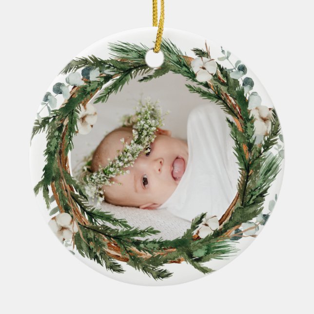 Adorno De Cerámica Eucalytus y Pine Wreath Baby Photo Navidades (Frente)