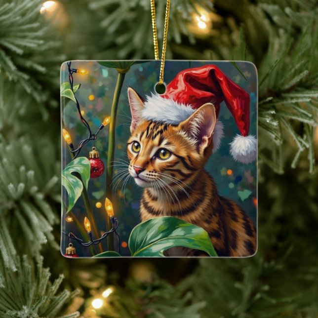 Adorno De Cerámica Exotic Bengal Cat Jungle Christmas Playtime Art (Árbol)