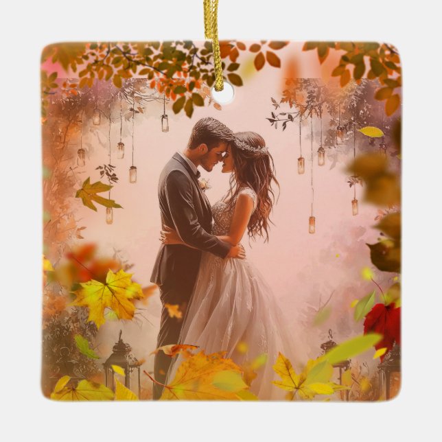 Adorno De Cerámica Fall-in In Love Wedding or Anniversary Ornament  (Anverso)