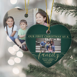 Adorno De Cerámica Familia 2 Foto Primera Navidad Verde y Oro Corazón