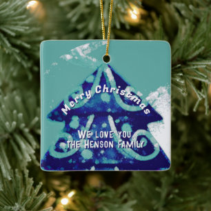 Adorno De Cerámica Familia azul artística del árbol de Navidad