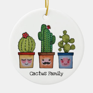 Adorno De Cerámica Familia Cute Cactus En Acuarela