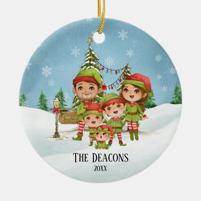Adorno De Cerámica Familia Cute Elf de 5 Navidades personalizados (Frente)