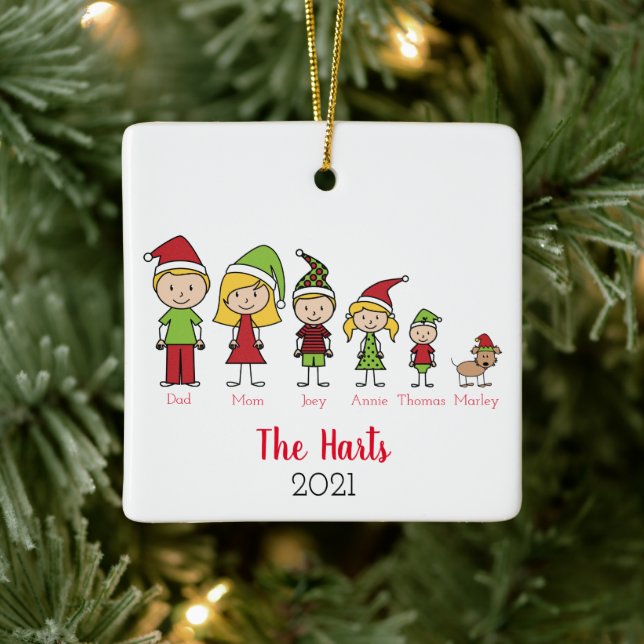 Adorno De Cerámica Familia de 5 con Mascotas Navidades personalizados (Árbol)