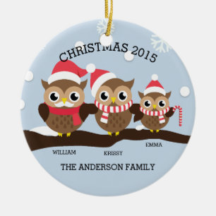 Adorno De Cerámica Familia de Búhos Personalizada de 3 Navidad