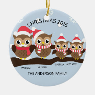 Adorno De Cerámica Familia de Búhos Personalizada de 4 Navidad