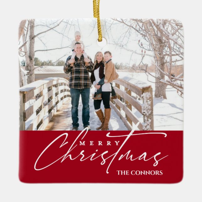 Adorno De Cerámica Familia de caligrafía de escritura navideña Photo  (Anverso)