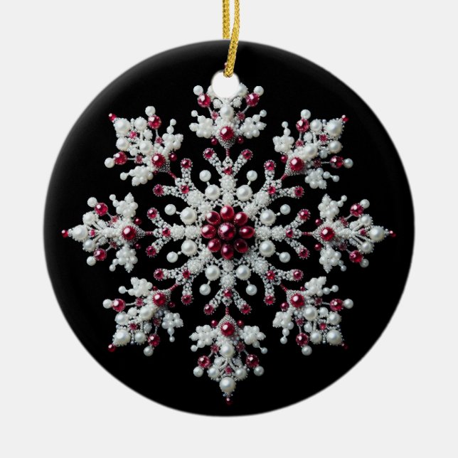 Adorno De Cerámica Familia de copos de nieve Rojo y Perla (Frente)