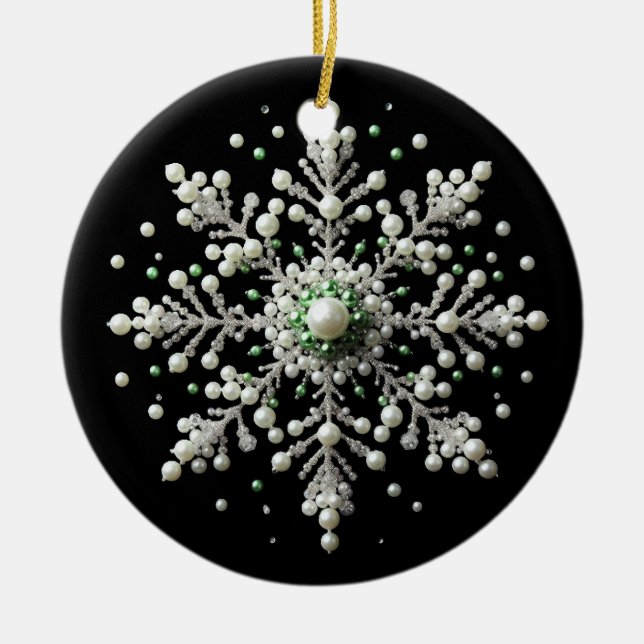 Adorno De Cerámica Familia de copos de nieve verde y perla (Frente)